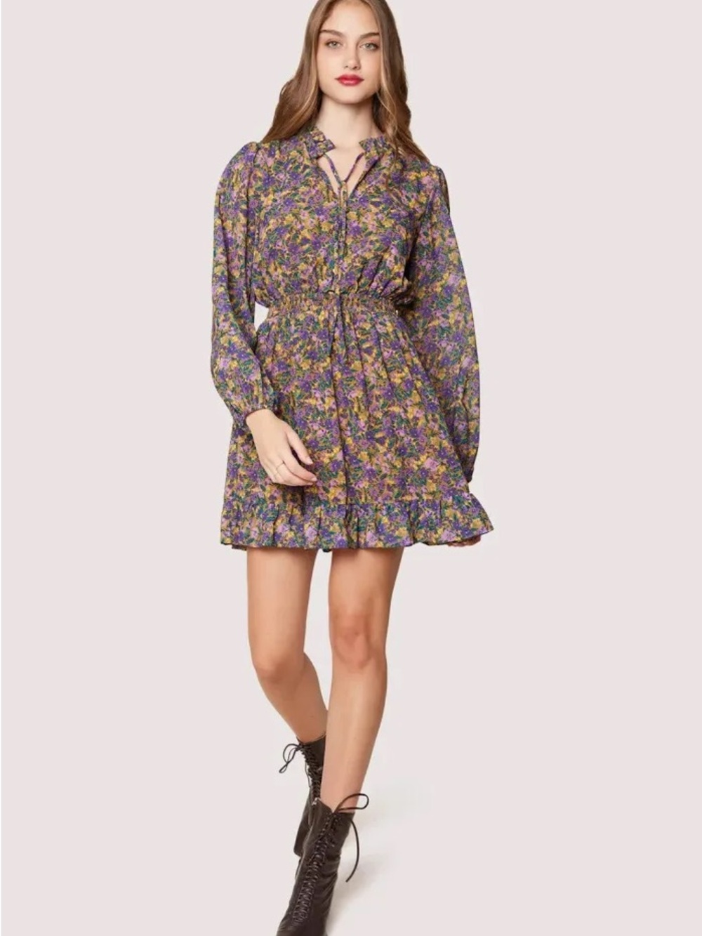 Lost + Wander Mauve Medley Long Sleeve Floral Minidress